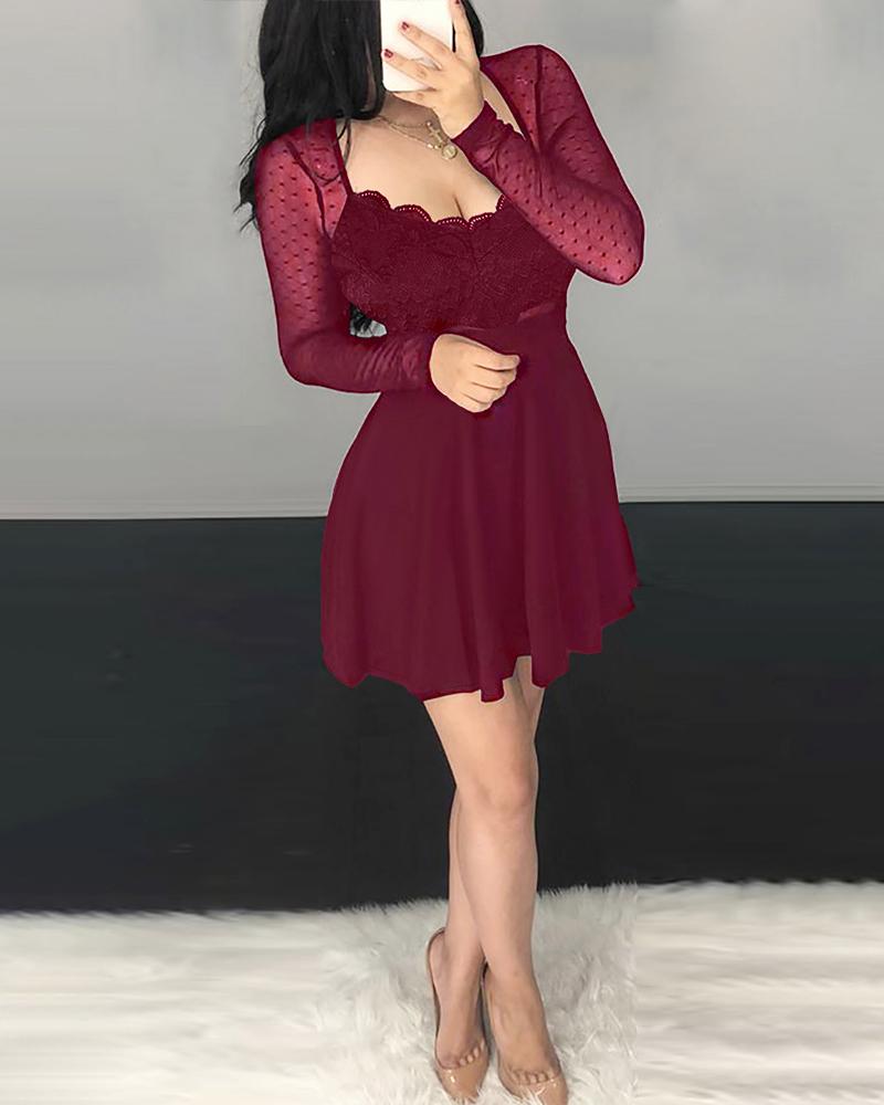 Dot Mesh Ruffles Long Sleeve Dress