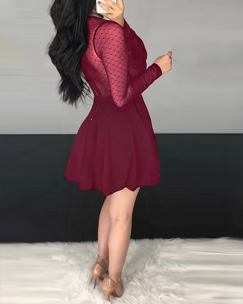 Dot Mesh Ruffles Long Sleeve Dress