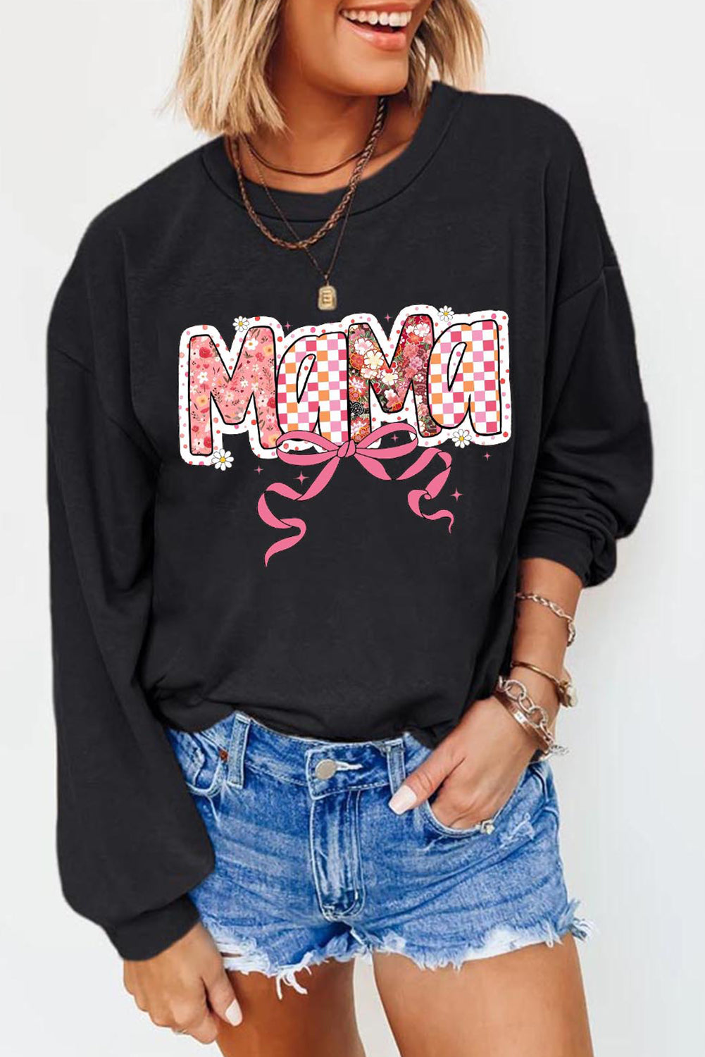 Black Floral Checkered Bow Printed Pullover Sweatshirt