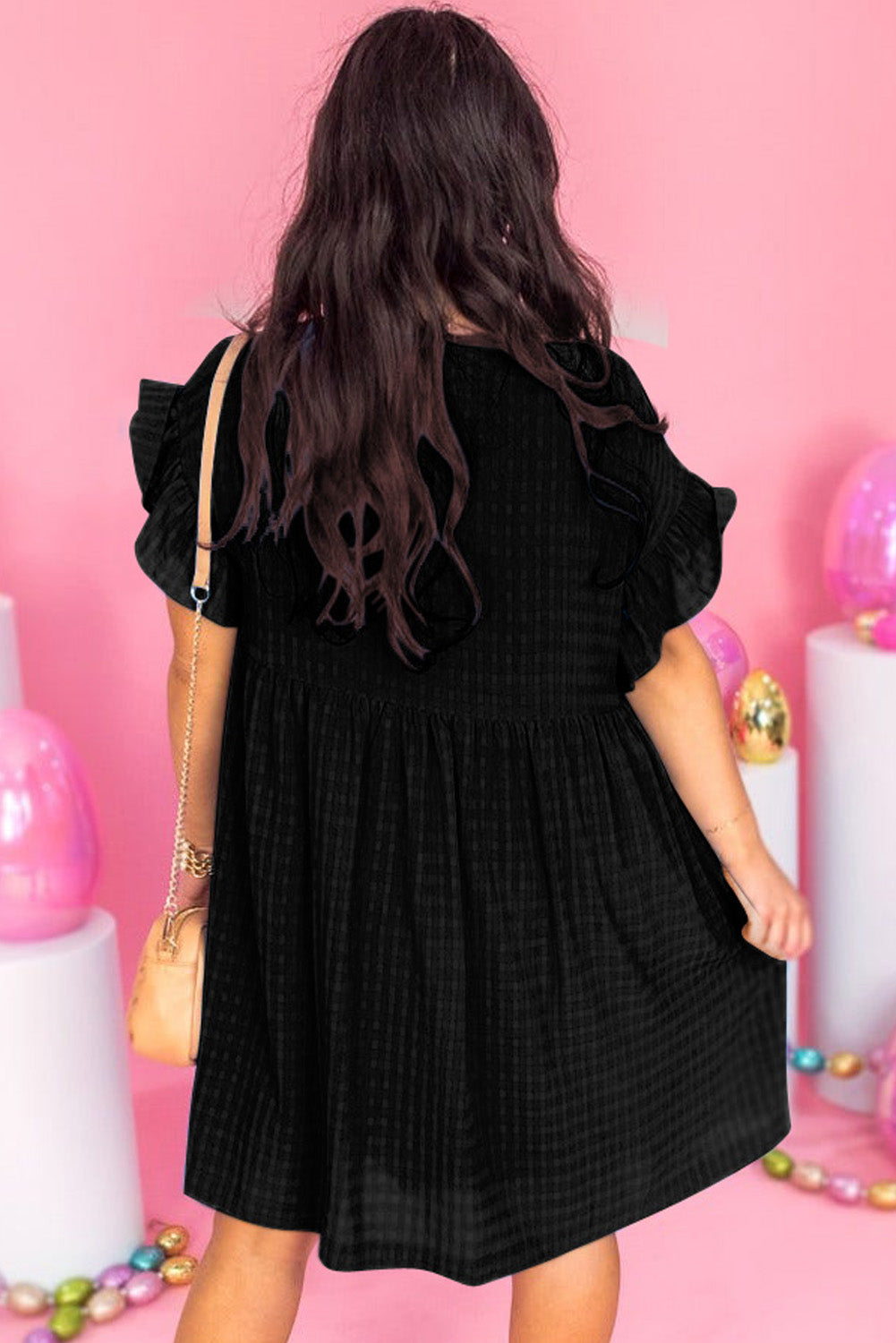Black Textured Ruffled Sleeve Babydoll Plus Dress
