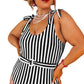 Black Stripe Plus Size Self Tie Straps O-Ring Waistband One Piece Swimsuit