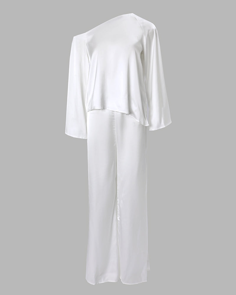 Satin Cold Shoulder Bell Sleeve Top & Pants Set