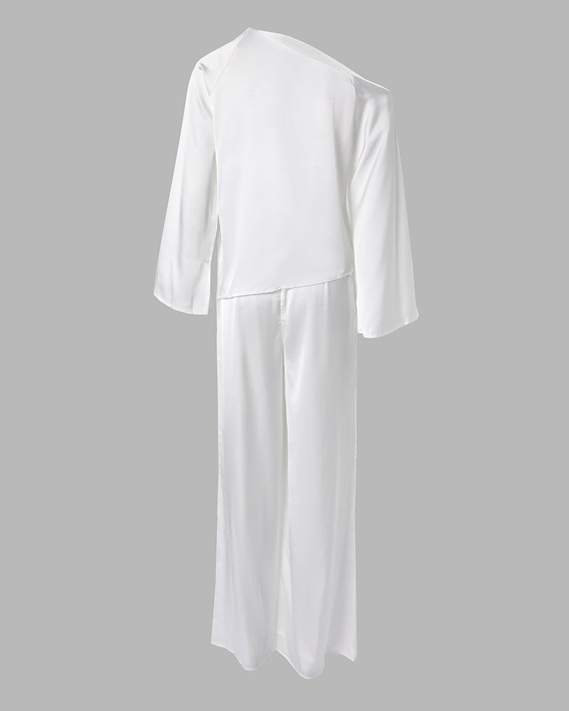 Satin Cold Shoulder Bell Sleeve Top & Pants Set