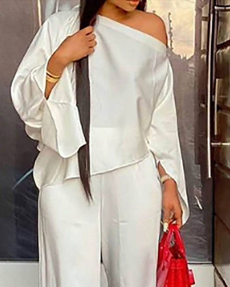 Satin Cold Shoulder Bell Sleeve Top & Pants Set