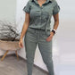 Buttoned Short Sleeve Top & Drawstring Skinny Pants Set