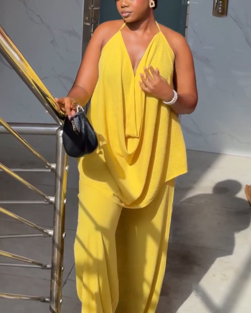 2 Pieces Outfit Plain Textured Cowl Neck Cold Shoulder Sleeveless Ruched Top and Casual Wide Leg Pants Set