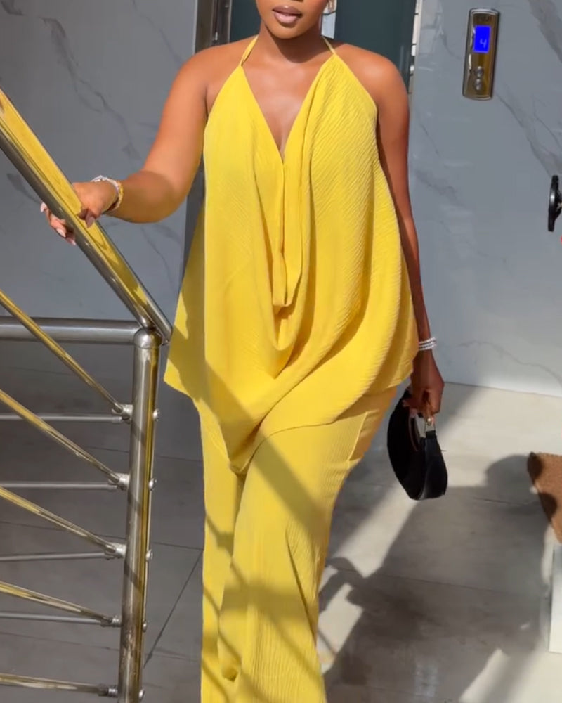 2 Pieces Outfit Plain Textured Cowl Neck Cold Shoulder Sleeveless Ruched Top and Casual Wide Leg Pants Set