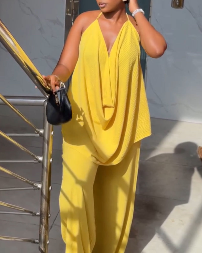2 Pieces Outfit Plain Textured Cowl Neck Cold Shoulder Sleeveless Ruched Top and Casual Wide Leg Pants Set