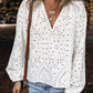 White Eyelet Embroidered Puff Sleeve V Neck Blouse