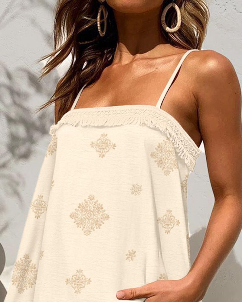 2 Piece Geometric Embroidery Spaghetti Strap Tassel Design Square Neck Top Casual Shorts Set