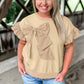 Parchment Ruffled Short Sleeve Bowknot Applique Crew Neck Plus Size Top