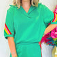 Sea Green Rainbow Colorblock Collared Short Sleeve Top 2 Piece Shorts Set