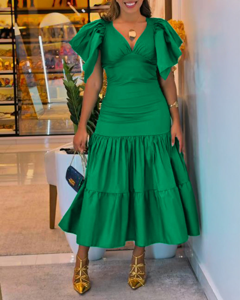 V Neck Ruffles Flutter Sleeve Casual Dress Backless Ruched Maxi Dress