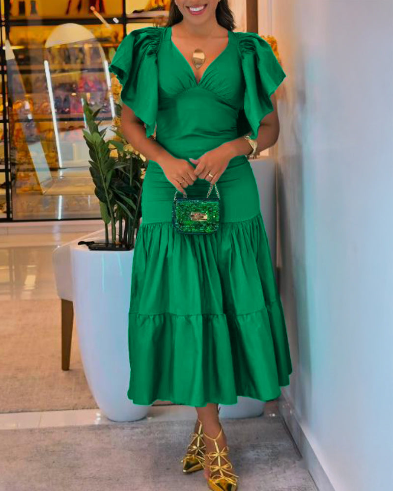 V Neck Ruffles Flutter Sleeve Casual Dress Backless Ruched Maxi Dress