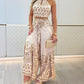 2 Pieces Outfits Tribal Print Keyhole Neck Sleeveless Top and Wide Leg Tied Detail Slit Pants Sets