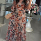 Plants Print V Neck Puff Sleeve Maxi Dress