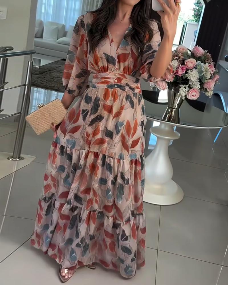 Plants Print V Neck Puff Sleeve Maxi Dress