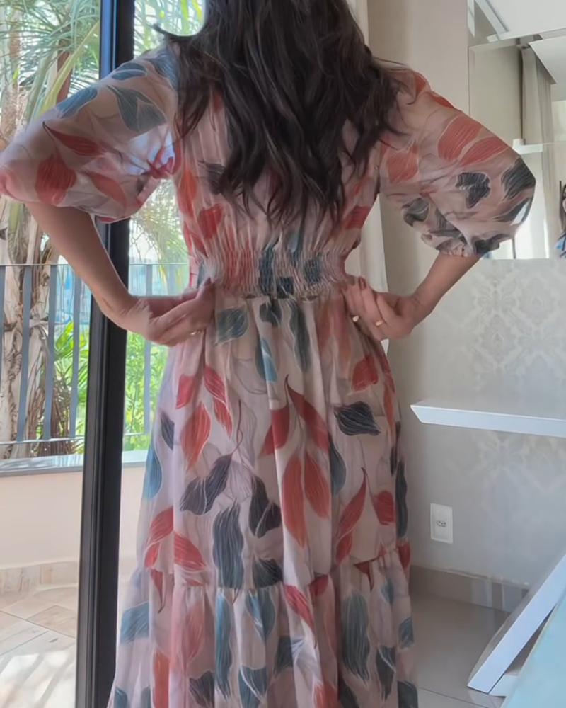 Plants Print V Neck Puff Sleeve Maxi Dress