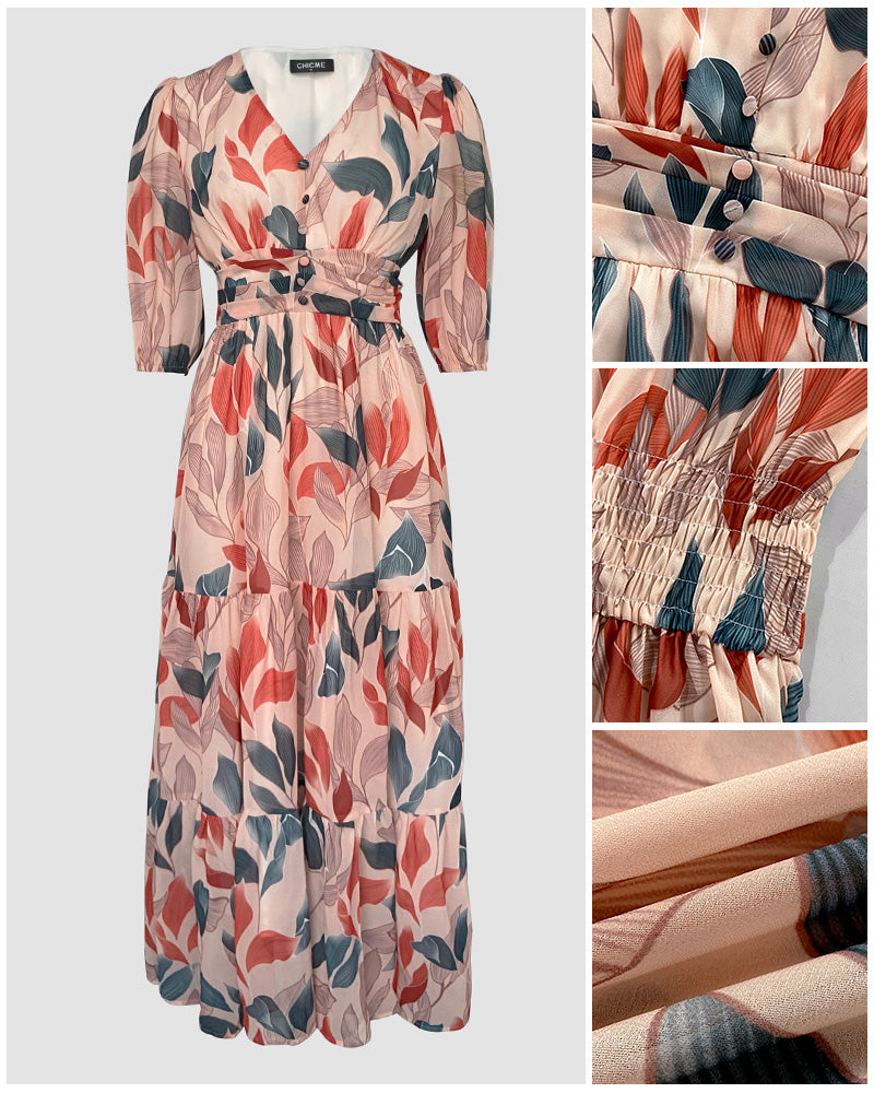 Plants Print V Neck Puff Sleeve Maxi Dress