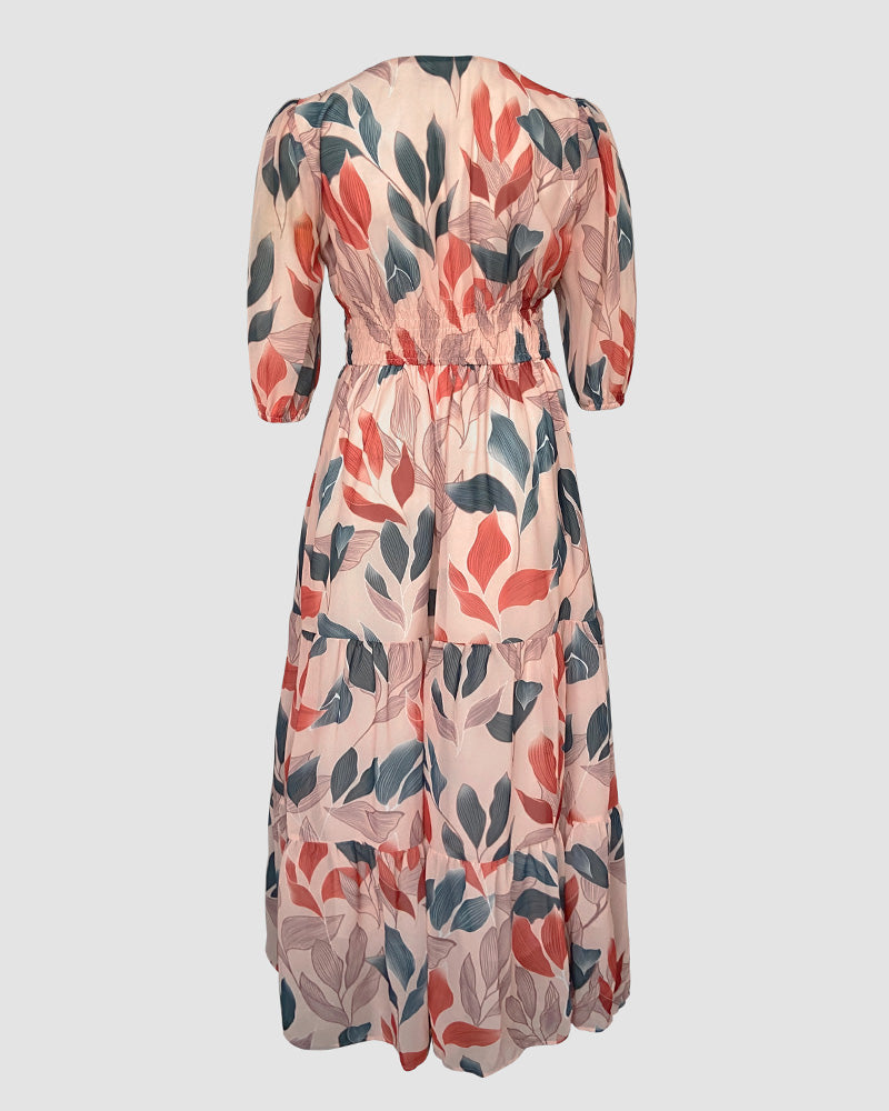 Plants Print V Neck Puff Sleeve Maxi Dress