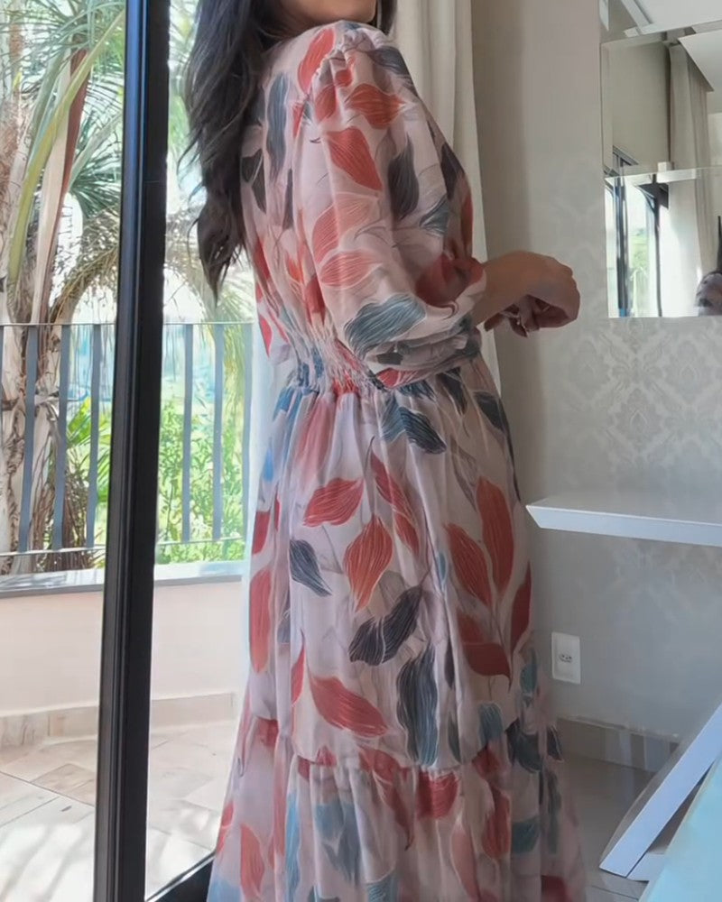 Plants Print V Neck Puff Sleeve Maxi Dress
