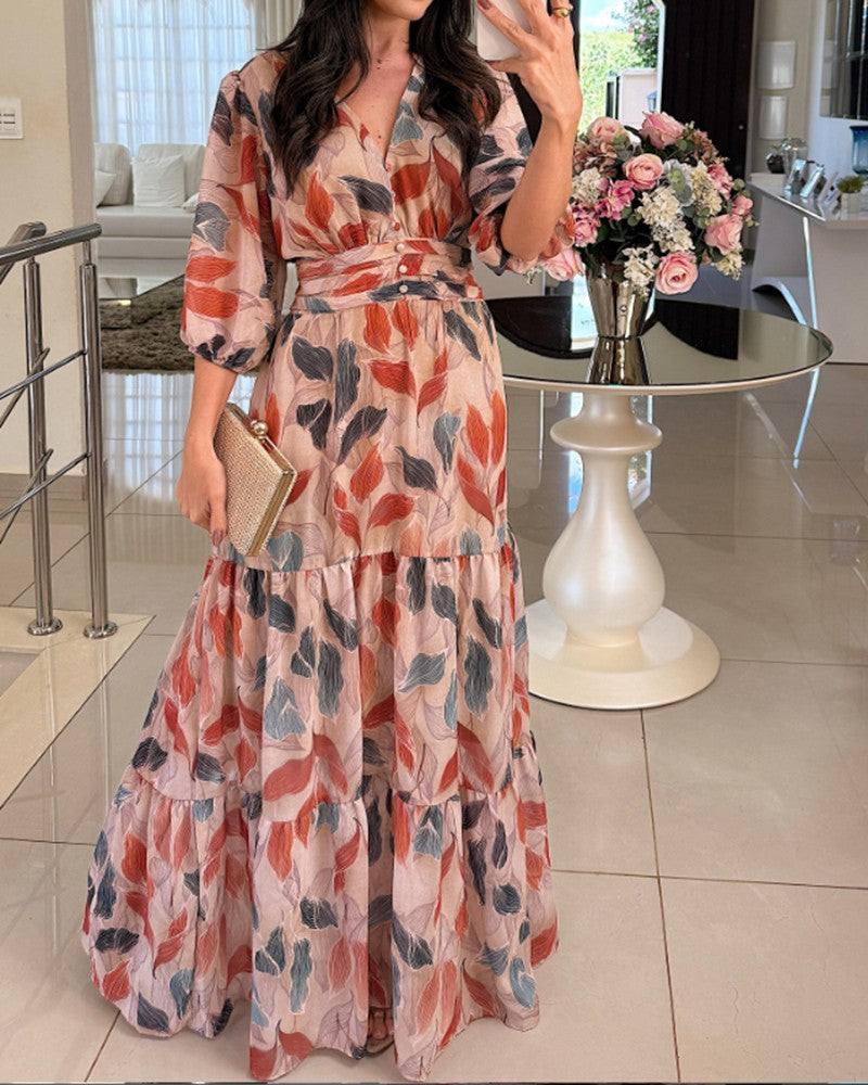 Plants Print V Neck Puff Sleeve Maxi Dress