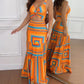 2 Pieces Outfit V Neck Thick Strap Criss Cross Crop Top and Geometric Print Maxi Dress Set