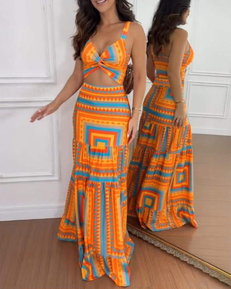 2 Pieces Outfit V Neck Thick Strap Criss Cross Crop Top and Geometric Print Maxi Dress Set