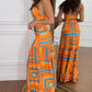 2 Pieces Outfit V Neck Thick Strap Criss Cross Crop Top and Geometric Print Maxi Dress Set
