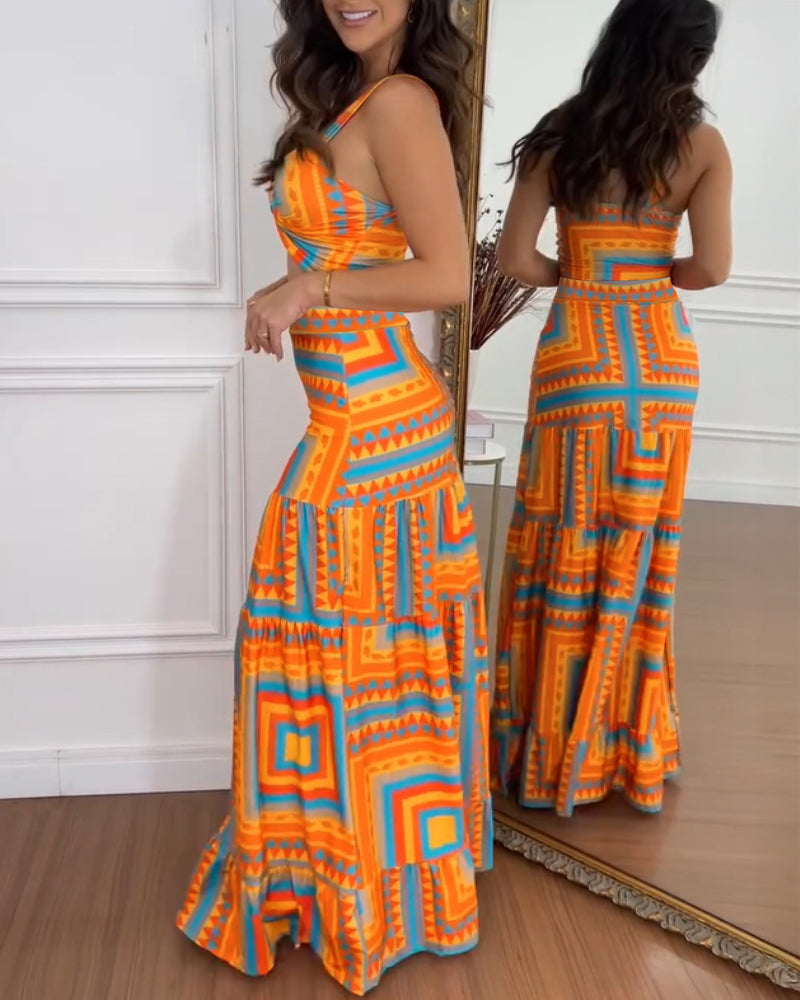2 Pieces Outfit V Neck Thick Strap Criss Cross Crop Top and Geometric Print Maxi Dress Set