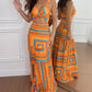 2 Pieces Outfit V Neck Thick Strap Criss Cross Crop Top and Geometric Print Maxi Dress Set