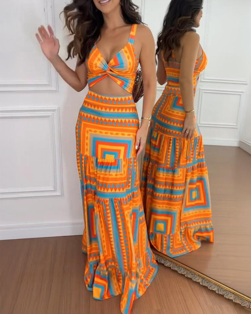 2 Pieces Outfit V Neck Thick Strap Criss Cross Crop Top and Geometric Print Maxi Dress Set