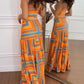 2 Pieces Outfit V Neck Thick Strap Criss Cross Crop Top and Geometric Print Maxi Dress Set