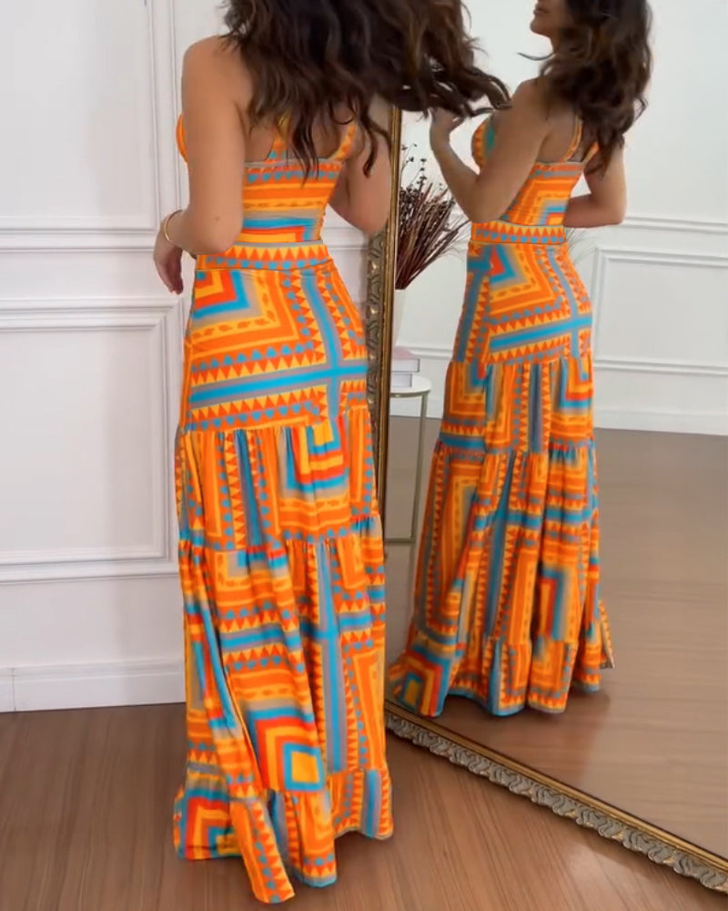 2 Pieces Outfit V Neck Thick Strap Criss Cross Crop Top and Geometric Print Maxi Dress Set