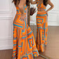 2 Pieces Outfit V Neck Thick Strap Criss Cross Crop Top and Geometric Print Maxi Dress Set