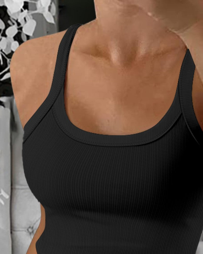 Scoop Neck Spaghetti Strap Ribbed Top Casual Sleeveless Slim Fit Tank