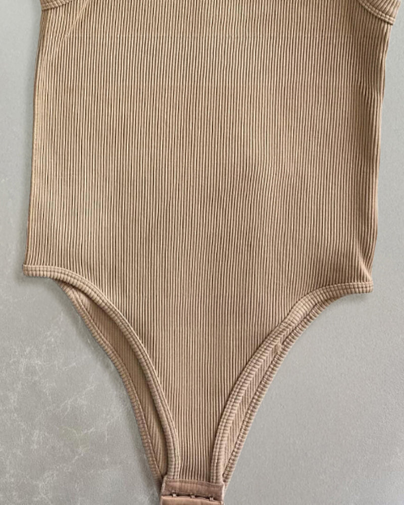 Round Neck Sleeveless Ribbed Bodysuit Casual Slim Fit Tank Top