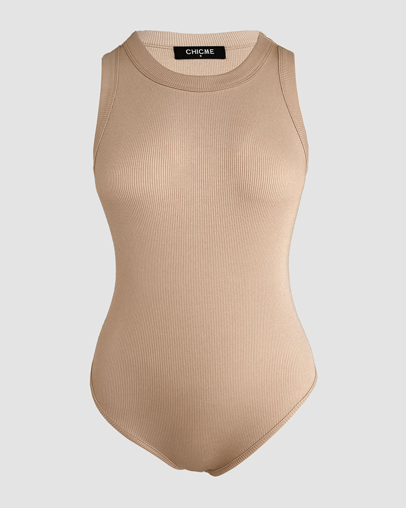 Round Neck Sleeveless Ribbed Bodysuit Casual Slim Fit Tank Top