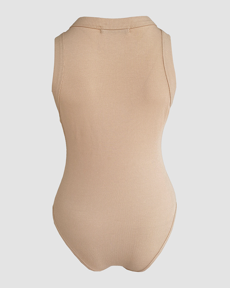 Round Neck Sleeveless Ribbed Bodysuit Casual Slim Fit Tank Top