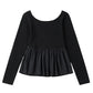 Black Ribbed Knit Long Sleeve Scoop Neck Peplum Patchwork Top