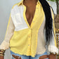 Colorblock Button Down Shirt Long Sleeve Casual Raw Hem Blouse Top