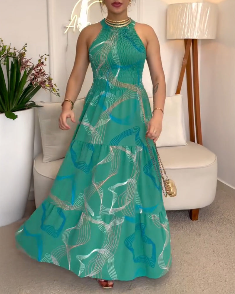 Abstract Print Halter Sleeveless Vacation Dress Shirred Layered Maxi Dress
