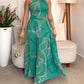 Abstract Print Halter Sleeveless Vacation Dress Shirred Layered Maxi Dress