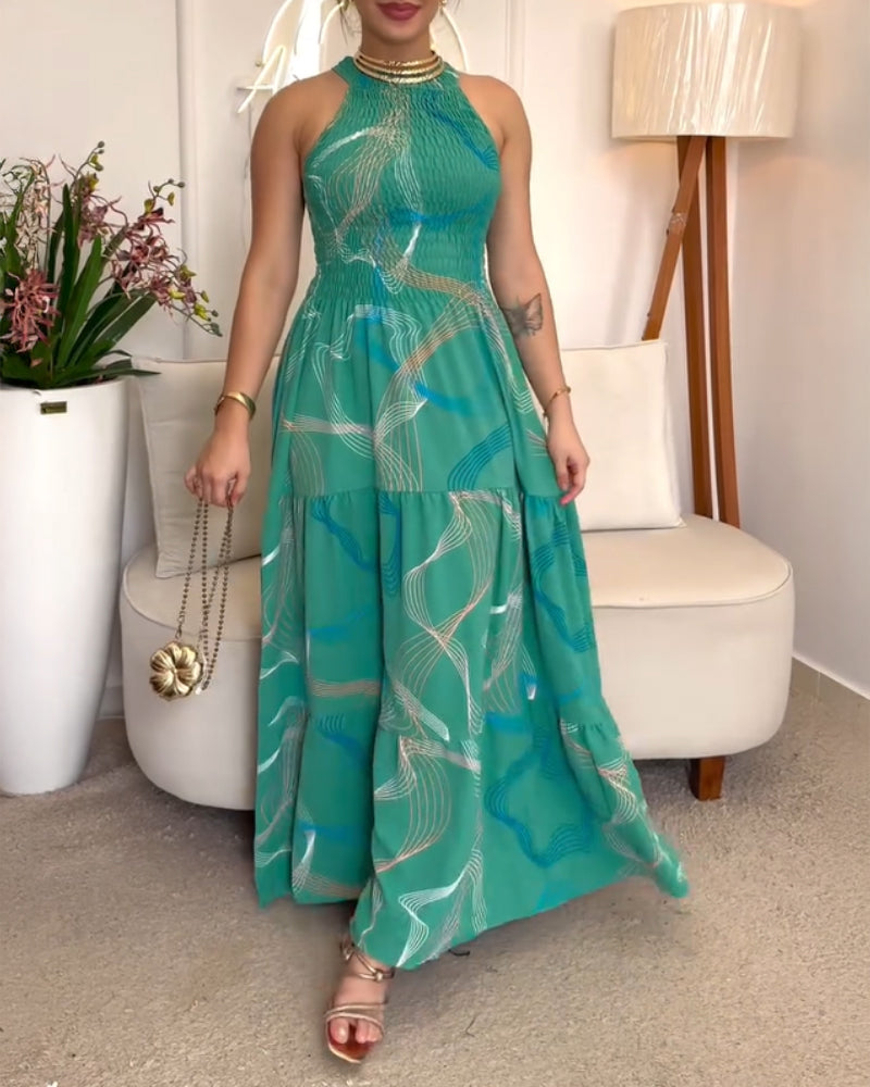 Abstract Print Halter Sleeveless Vacation Dress Shirred Layered Maxi Dress