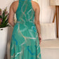 Abstract Print Halter Sleeveless Vacation Dress Shirred Layered Maxi Dress