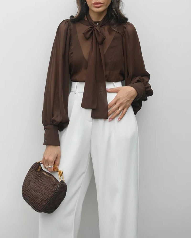 Tie Neck Lantern Sleeve Casual Blouses