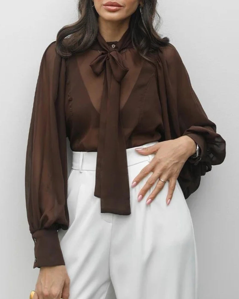 Tie Neck Lantern Sleeve Casual Blouses
