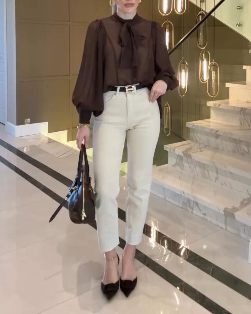 Tie Neck Lantern Sleeve Casual Blouses