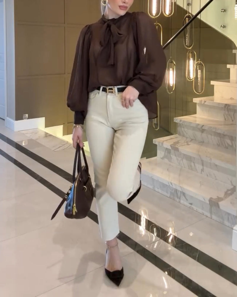 Tie Neck Lantern Sleeve Casual Blouses