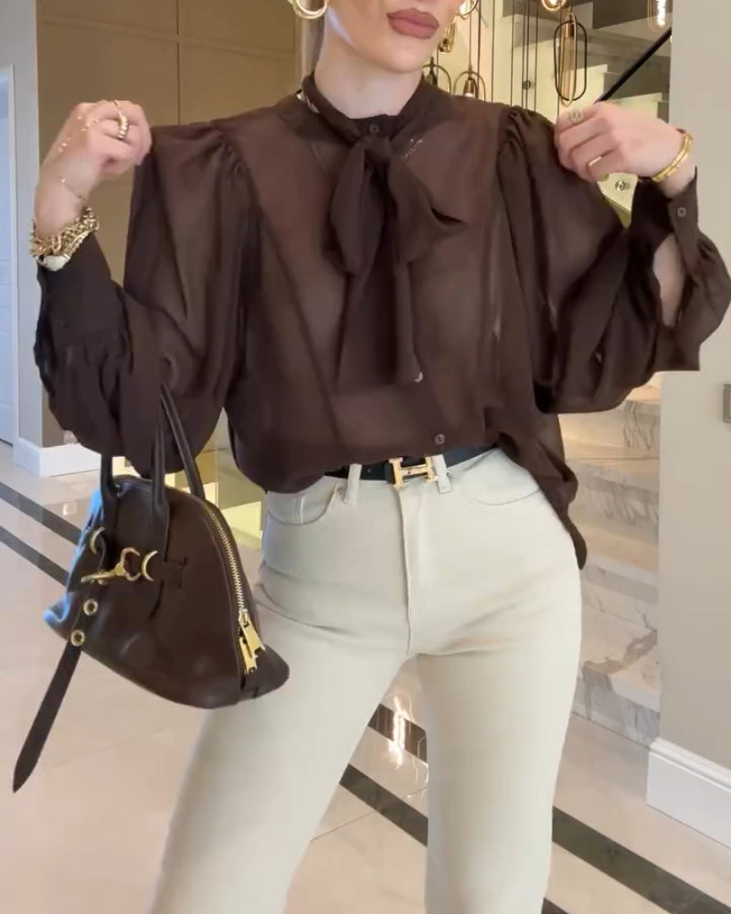Tie Neck Lantern Sleeve Casual Blouses